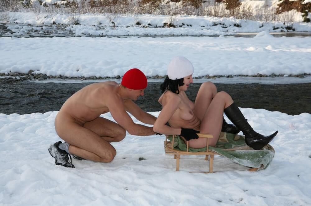 Naturist Girl Snow Day Couples Sled pics - Nudity as a natural part of human existence